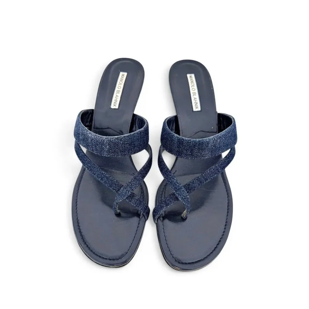 Manolo Blahnik Blue Susa Denim Low Kitten Heel Open Toe Sandals EU 40 Authentic